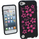iGadgitz Black and Pink Flowers Silicone Skin Case Cover for Apple iPod Touch 6th Generation July 2015 onwards and 5th Generation 2012-2015  Screen Protector