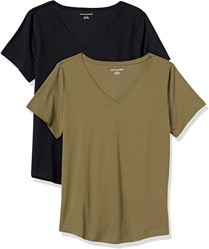 Amazon Essentials Women's 2-Pack Classic-Fit 100% Cotton Short-Sleeve V-Neck T-Shirt