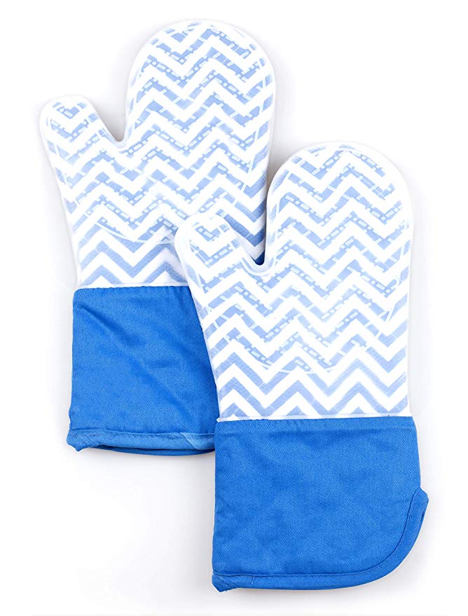 Blue Silicone Non-Slip Heat Resistant to 500 Degrees Oven Mitts - 1 Pair of Extra Long Professional Heat Resistant Baking Gloves - BBQ Oven Mittens for Kitchen Cooking, Baking, Grill