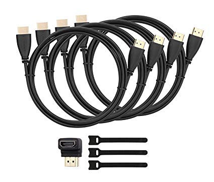 4 Pack High Speed HDMI Cables 6 ft (1.8m)   Right Angle Adapter   3X Cable Ties (Supports Ethernet, 1080P, 3D, and Audio Return)