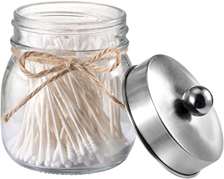 Mason Jars,Bathroom Apothecary Jars, Farmhouse Decor,Bathroom Vanity Storage Organizer Holder Glass for Qtip,Cotton Swabs,Rounds,Bath Salts,Cotton Ball - Stainless Steel Lid/Brushed Nickel (1 Pack)