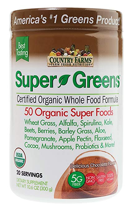 Country Farms Super Greens Chocolate flavor, 50 Organic Super Foods, USDA Organic Drink MIx, 20 servings
