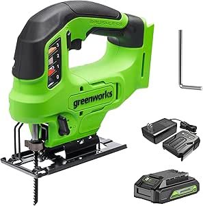 Greenworks 24V Brushless Cordless 1" Jig Saw (3,000 SPM / 4 Settings/Bevel 0°-45°/ LED Light), 1.5Ah Battery and Fast Charger Included