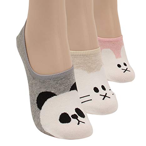 WOWFOOT Women Animal Design No-Show Casual Liner Socks Character Print Non Slip Flat Boat Line 4 Pair