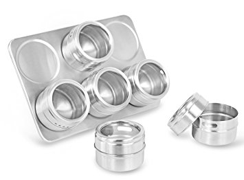 Internet's Best Magnetic Spice Rack | 6 Jars | Round Storage Spice Rack Set | Clear Sift and Pour Lid | Stainless Steel