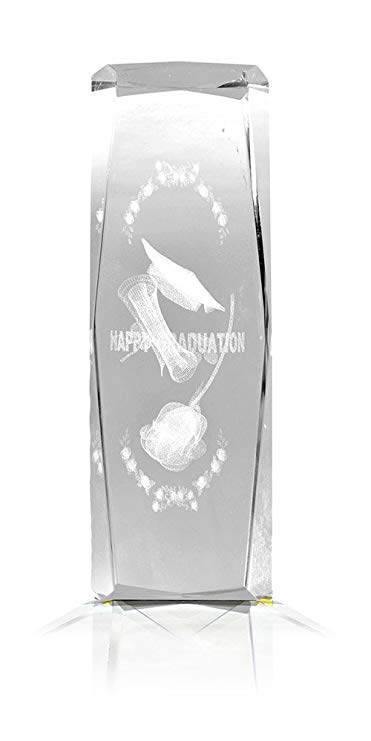 3D Laser Etched Happy Graduation Etched Crystal Paperweight 6" X 2"