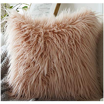 LANANAS Luxury Soft Plush Faux Fur Throw Pillow Covers for Couch Decorative Mongolian Fur Throw Pillow Covers (18"X 18", Pink)