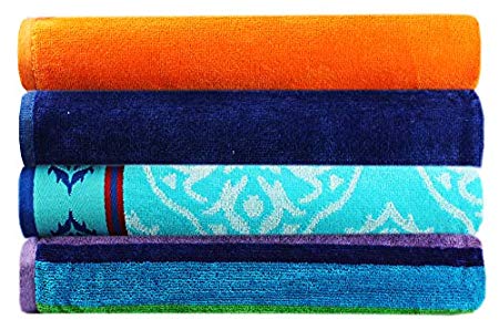 Cotton Craft - 4-Pack Assorted Velour Beach Towels - Large 32x63 Inches - 100% Cotton - Trellis & Cabana Stripe,Summer of Siam & Cabana Orange Stripe Set