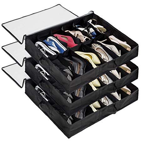 Surblue Upgraded Oxford 12 Pairs Under-Bag Shoe Organizer Zip Storage Bag with Transparent Skylight (Black 3 PC Set)