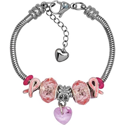 European Charm Bracelet With Bead Charms For Women, Stainless Steel Snake Chain, Pink Awareness Ribbon Heart