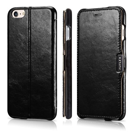 FUTLEX iPhone 6 Plus / 6S Plus Vintage Style Genuine Leather Folio Case - Black - Unique Design - Ultra Slim - Precise Cut and Design - Handcrafted