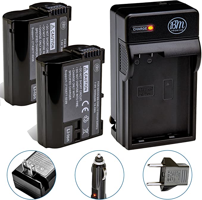 BM Premium 2 Pack of EN-EL15B Batteries and Battery Charger for Nikon Z6, Z7, D850, D7500, 1 V1, D500, D600, D610, D750, D800, D800E, D810, D810A, D7000, D7100, D7200 Digital Cameras