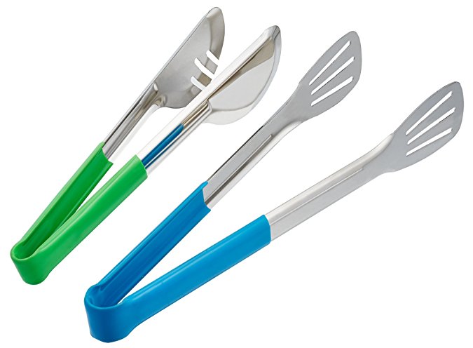 TeamFar Kitchen Cooking Tongs, Stainless Steel Food Salad Serving Tongs with Silicone Cover Handle, Non Slip & Rust Proof - Set of 2 (Blue / Green)
