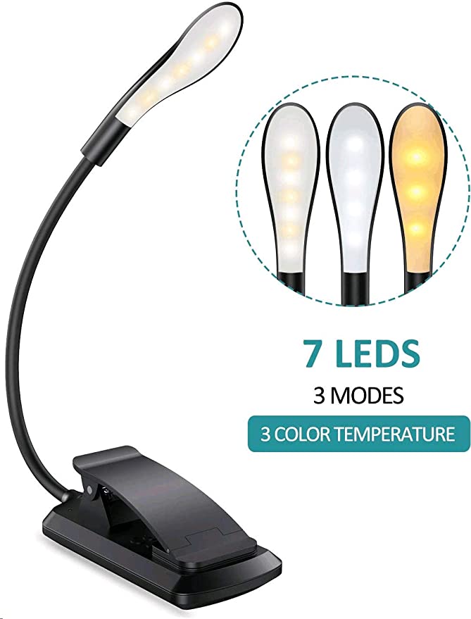 Reading Light, Bovon 360 Flexible Clip on Book Light, 7 LED 3-Level Brightness (Warm & Cool), USB Rechargeable, Touch Switch, Eye Care Mini Night Reading Lamp for Bed, Desk, E-Reader, etc (Black)