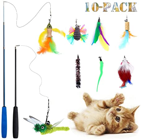 Teeyee [10 in 1] Cat Feather Toys, Cat Retractable Teaser Wand Toy Set,Interactive Cat Chaser Toy for Exercising Kitten or Cat,Included 2 Wands & 8 Refills Feathers (10 in 1)