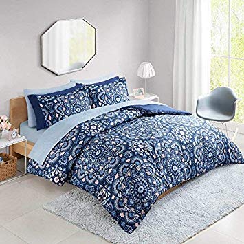 Bed in a Bag Twin Comforter Set with Sheets feat. Two Side Pockets - Cara 6 Piece All Season Bedding Sets Twin Microfiber Printed Blue Medallion