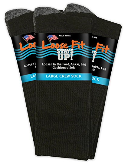 Loose Fit Stays Up - Men's and Women's - Casual Crew Length Socks - 3 Pack - Made in USA! - Cushioned Sole For Added Comfort