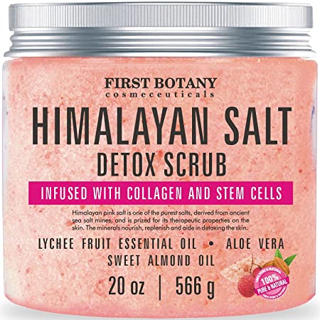 Himalayan Salt Body Scrub with Collagen and Stem Cells - Natural Exfoliating Salt Scrub & Body and Face Souffle helps with Moisturizing Skin, Acne, Cellulite, Dead Skin Scars, Wrinkles (20 oz)