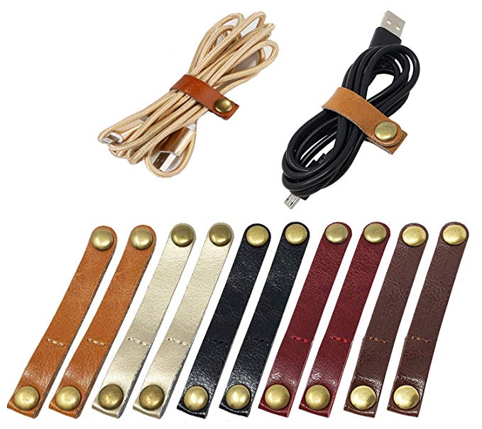 Leather Cable Straps, Headphone Organizer Earphone Cable Tie Wraps Winder Wire Ties Holder Keeper Leather Handmade Cord Manager 10 Pack Work Travel (Multi-Color(10 Pack))