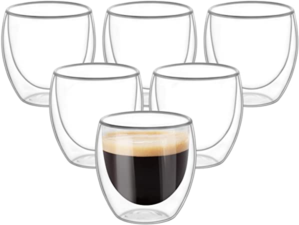 Double Wall Cups Glass 8.5 OZ - Set of 6, Insulated Thermal Mugs Glasses For Tea, Coffee, Latte, Cappucino, Cafe, Milk