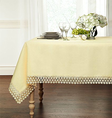 Ultra Luxurious Textured Macrame Trim Fabric Tablecloth By GoodGram - Assorted Sizes & Colors - Beige, 60" x 120" Rectangle (10-12 Chair)