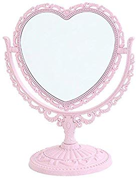 XPXKJ 7-Inch Tabletop Vanity Makeup Mirror with 3X Magnification, Two Sided ABS Decorative Framed European for Bathroom Bedroom Dressing Mirror (Pink Heart-Shaped)