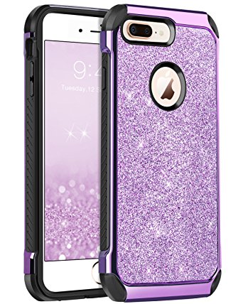 BENTOBEN iPhone 8 Plus Case, Shockproof Luxury Sleek Glitter Sparkly Bling Cute Shiny 2 in 1 Soft TPU Bumper Hybrid Hard PC with PU Faux Leather Protective Phone Cover for Girls & Women, Purple