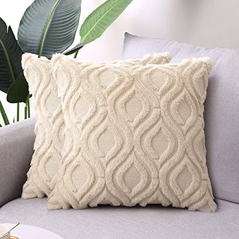 Decorative Throw Pillow Covers 18x18, Faux Fur Farmhouse Boho Pillow Cases ,Soft Plush Fuzzy Beige Cushion Covers for Sofa Couch Living Room Bedroom Set of 2