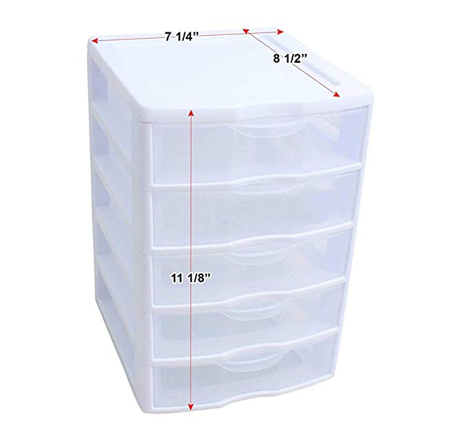 5 Unit Plastic Shelves Drawer Organizer Shelving Storage Set Solution Stackable With Clear Drawer Handles for Home Office School Kids Cabinets Dresser Makeup Accessory Utility Tool -White/Clear (1)