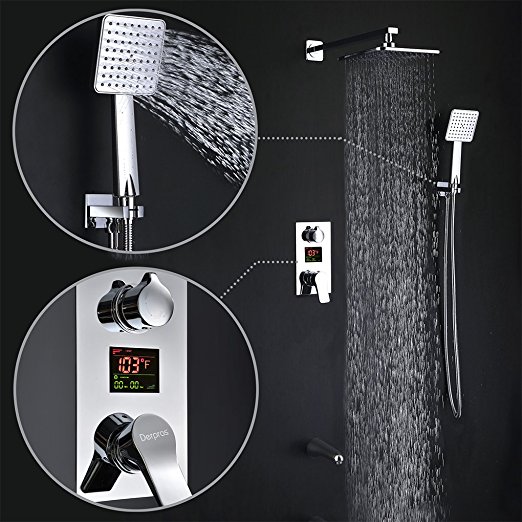 Derpras DPS003 (V2) LED Digital Display Wall Mount Bathroom Rain Mixer Shower Set, 3 Way Shower System with Luxury Rainfall Shower Head, Handheld Shower and Tub Spout Faucet, Fahrenheit Display