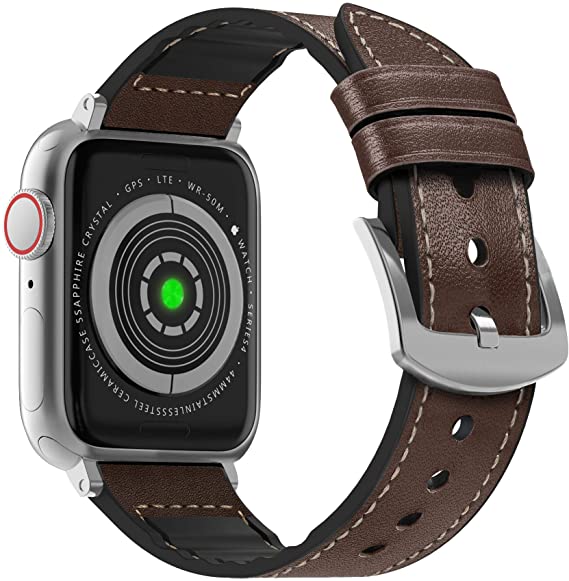 MARGE PLUS Compatible Apple Watch Band 44mm 42mm 40mm 38mm, Sweatproof Hybrid Genuine Leather and Silicone Sports Watch Band Replacement for iWatch SE Series 6 5 4 3 2 1