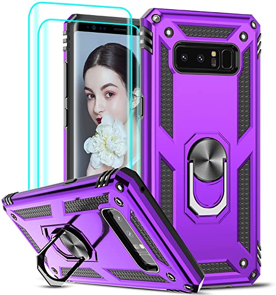 LeYi Compatible for Samsung Note 8 Case, Samsung Galaxy Note 8 Phone Case with [2 Pack] 3D Curved Screen Protector, [Military-Grade] Ring Kickstand Protective Case for Galaxy Note 8, Purple