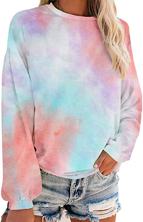 Dokotoo Womens Simple Crewneck Long Sleeve Casual Solid & Tie Dye Thin Pullover Sweatshirts Tops Shirts