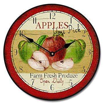 Vintage Apple Wall Clock, Available in 8 sizes, Most Sizes Ship 2 - 3 days, Whisper Quiet.