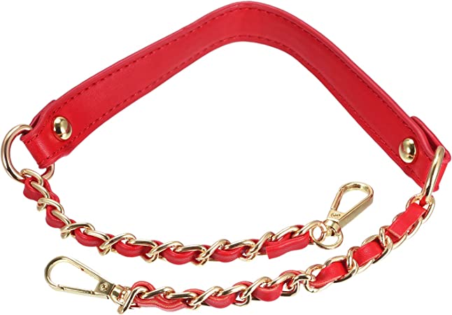 uxcell Purse Chain Strap, 24" 2Pcs Leather Iron Flat Chain Strap Handbag Chains Purse Handles Shoulder Cross Body Replacement Strap, Red Strap Gold Chain