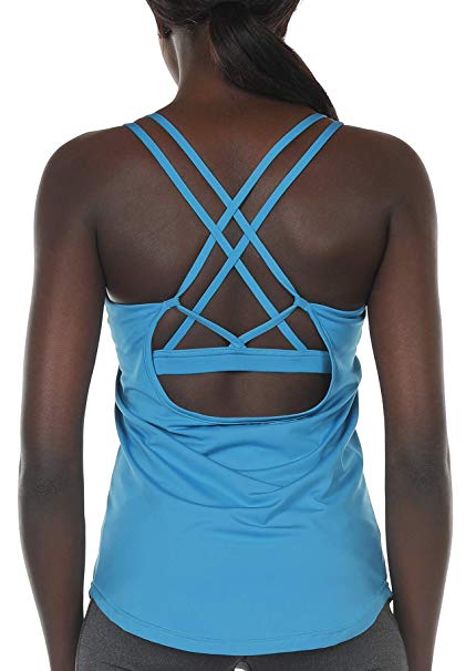 icyzone Workout Tank Tops Built in Bra - Women's Strappy Athletic Yoga Tops, Running Exercise Gym Shirts