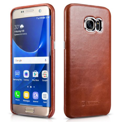 Galaxy S7 Edge Case, Icarercase Vintage Series Genuine Leather Back Cover for Samsung Galaxy S7 Edge 5.5 Inch Ultra Slim Style (Brown)