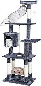 Go Pet Club 67" IQ Busy Box Cat Tree Kitty Kitten Condo Tower House Furniture with Hanging Toy and Rope for Indoor Cats, Gray