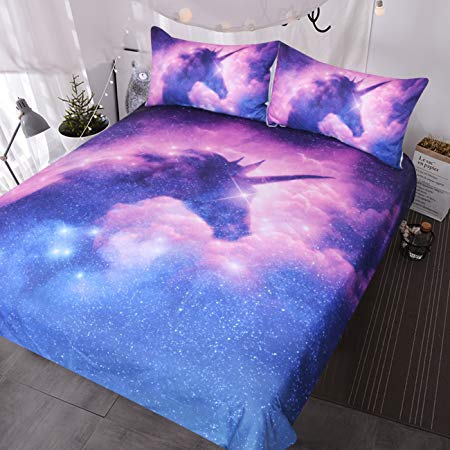 BlessLiving Galaxy Unicorn Bedding Kids Girls Psychedelic Space Duvet Cover 3 Piece Pink Purple Sparkly Unicorn Bedspread (Twin)