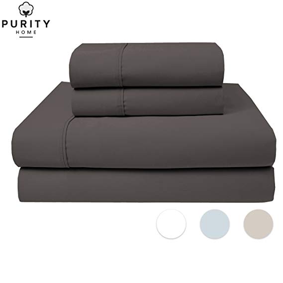 Purity Home 1000 Thread Count Ultrasoft Cotton Rich Sheet Set, 4 Piece Set, Bestselling King Sheets Sateen Weave, Classic Z Hem, Smooth & Soft, Patented Fitted Sheet Fits Up to 18" Deep Pocket, Grey