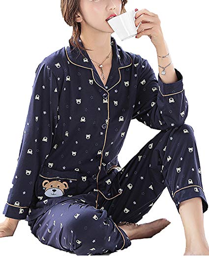 SWOMOG Women's Printed Sleepwear Long Sleeve Flannel Button Down Winter Cotton Pajama Set