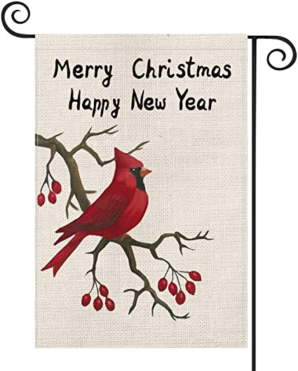 AVOIN Merry Christmas Happy New Year Watercolor Cardinal Berry Garden Flag Vertical Double Sized, Winter Holiday Party Yard Outdoor Decoration 12.5 x 18 Inch