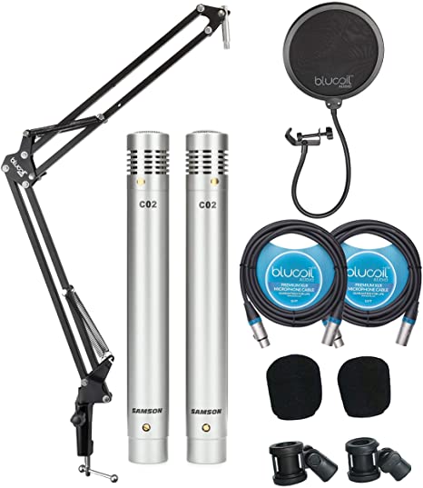 Samson C02 Pencil Condenser Microphone Pair for Vocals, Acoustic Guitars, Pianos, Overhead Drums, Hi Hats Bundle with Blucoil 2-Pack of 10-FT Balanced XLR Cables, and Boom Arm Plus Pop Filter