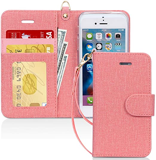 FYY Case for iPhone SE/iPhone 5S/iPhone 5, [Kickstand Feature] Luxury PU Leather Wallet Case Flip Folio Cover with [Card Slots][Wrist Strap] for iPhone SE (1st gen - 2016)/5S/5-MistyRose