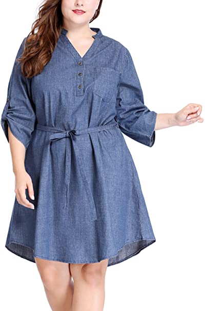 uxcell Women's Plus Size Roll Up Sleeves Above Knee Belted Denim Shirt Dress