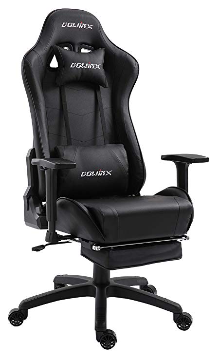 Dowinx Gaming Chair Ergonomic Office Recliner for Computer with Massage Lumbar Support, Racing Style Armchair PU Leather E-Sports Gamer Chairs with Retractable Footrest (Black)