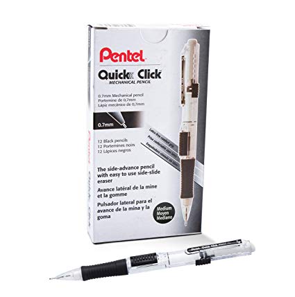 Pentel QUICK CLICK Mechanical Pencil (0.7mm), Black Barrel, Box of 12 Pencils (PD217A)