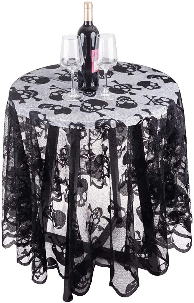 rockcloud Round Polyester Lace Tablecloth Black Skull Head Table Topper for Halloween Decoration Dinner Parties 69 inches