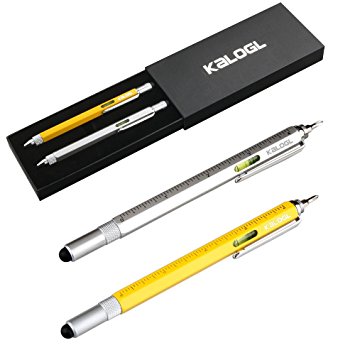Stylus , {2 Pack} Stylus Pen 9-in-1 Combo Pen [Functions as Touchscreen Stylus, Ballpoint Pen, 4" Ruler, Level, Phillips Screwdriver, and Flathead] for ALL smartphones & Tablets Gift Yellow and Silver