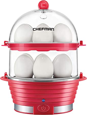 Chefman Electric Egg Cooker Boiler, Rapid Poacher, Food & Vegetable Steamer, Quickly Makes Up To 12, Hard or Soft Boiled, Poaching and Omelet Trays Included, Ready Signal, BPA-Free, Red